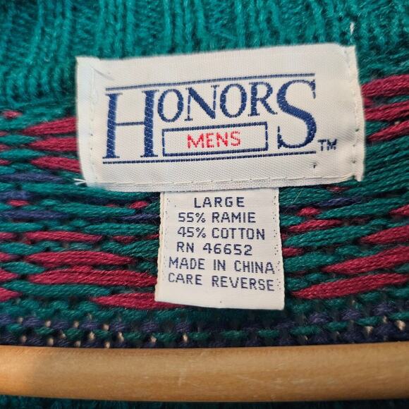 Vintage Honors Sweater Mens Large Green Knit 90s Geometric Preppy Retro Dad - Picture 7 of 9